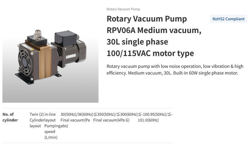 Rotary Vacuum Pump RPV06A Medium vacuum, 30L single phase 100/115VAC motor type 9Bơm chân không quay RPV06A; Chân không trung bình 30L; động cơ một pha 110 / 115V loại) Screenshot 2023 12 25 at 17 38 42 Rotary Vacuum Pump PISCO PNEUMATIC EQUIPMENT
