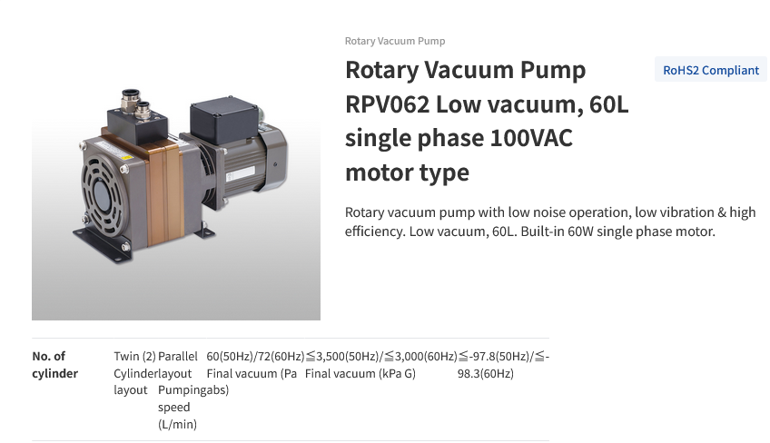 Rotary Vacuum Pump RPV062 Low vacuum, 60L single phase 100VAC motor type (Bơm chân không quay RPV062; Chân không thấp 60L động cơ một pha loại 100V) Screenshot 2023 12 25 at 17 45 04 Rotary Vacuum Pump PISCO PNEUMATIC EQUIPMENT
